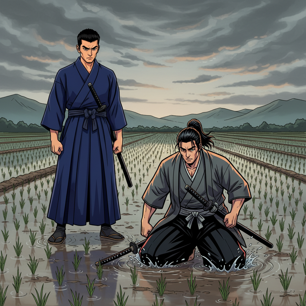 Silent Strike at Dawn — page 1 panel 5: Ren collapses to his knees, his katana clattering to the wet earth, a look of profound shock and acceptance on his face. Kaito stands over him, blade still drawn, his expression a mix of triumph and sorrow.