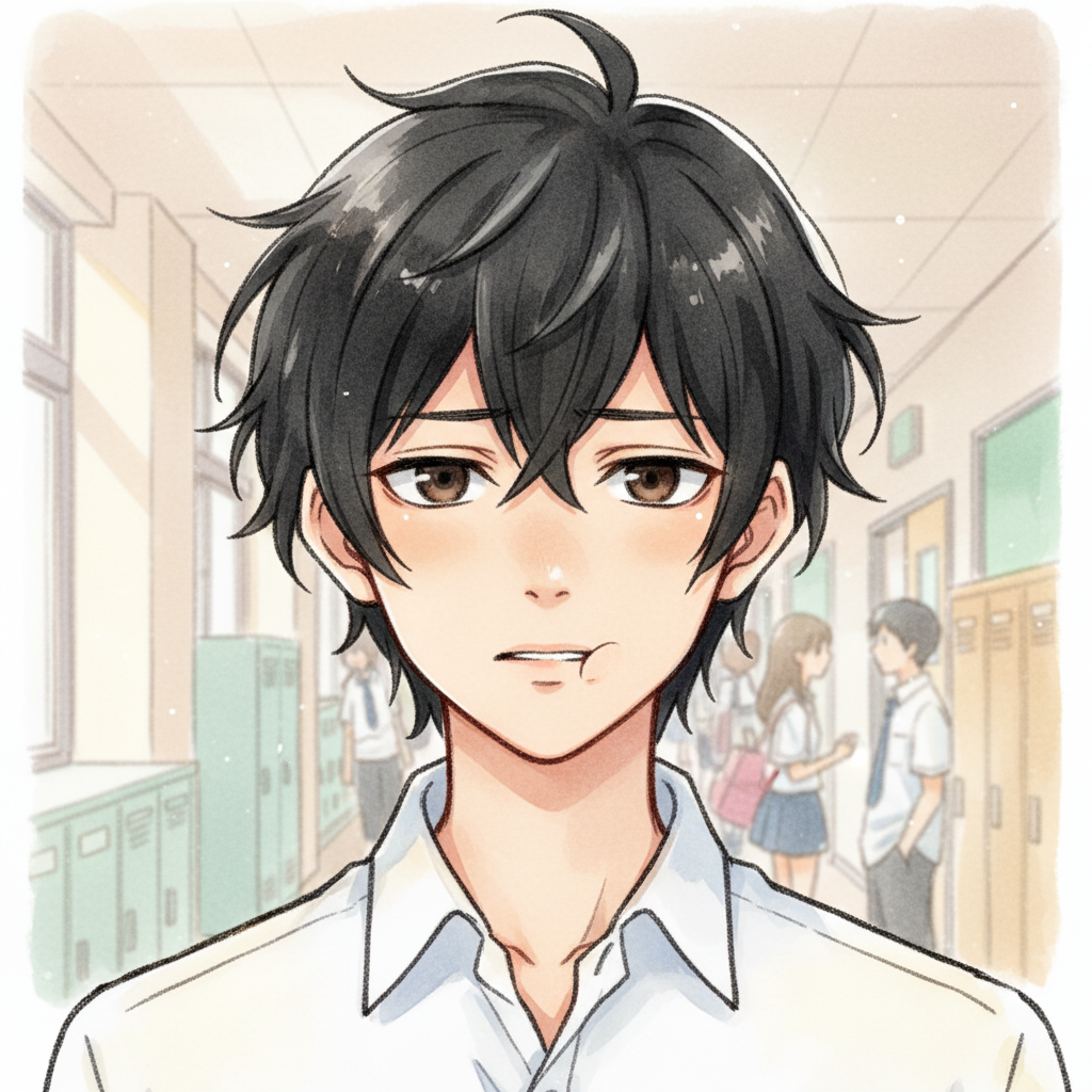 Semester Baru, Awal yang Baru — page 1 panel 5: Raka ragu sejenak. Haruskah dia membantu? Atau biar saja? Ada sedikit konflik batin.