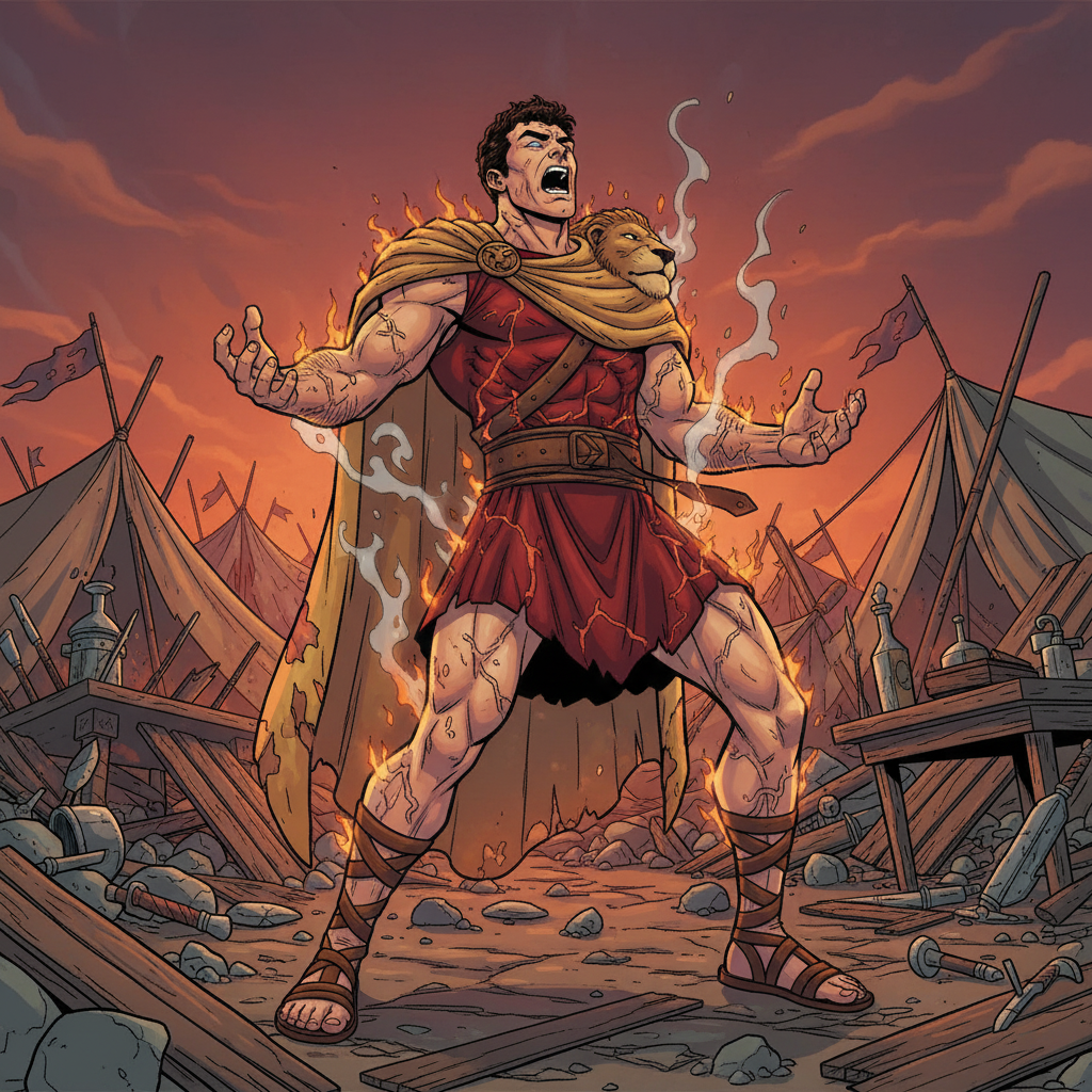 赫拉克勒斯与得伊阿尼拉：嫉妒的悲剧 — page 1 panel 5: 毒药开始迅速侵蚀赫拉克勒斯的身体。他发出痛苦的吼叫，肌肉痉挛，皮肤灼烧，衣袍仿佛活物般紧紧缠绕着他，毁灭着他的生命。