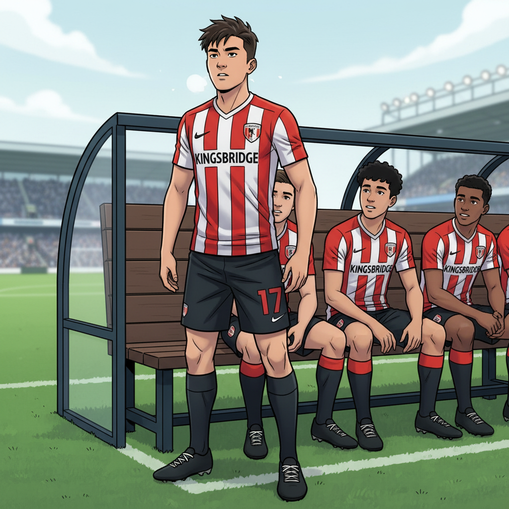 The Number 17 — page 1 panel 5: Luca rises from the bench, his movements fluid and focused. He takes a deep breath, adjusting his jersey, his face a mask of resolute determination. Javier watches him go, a silent mix of hope and admiration on his face.