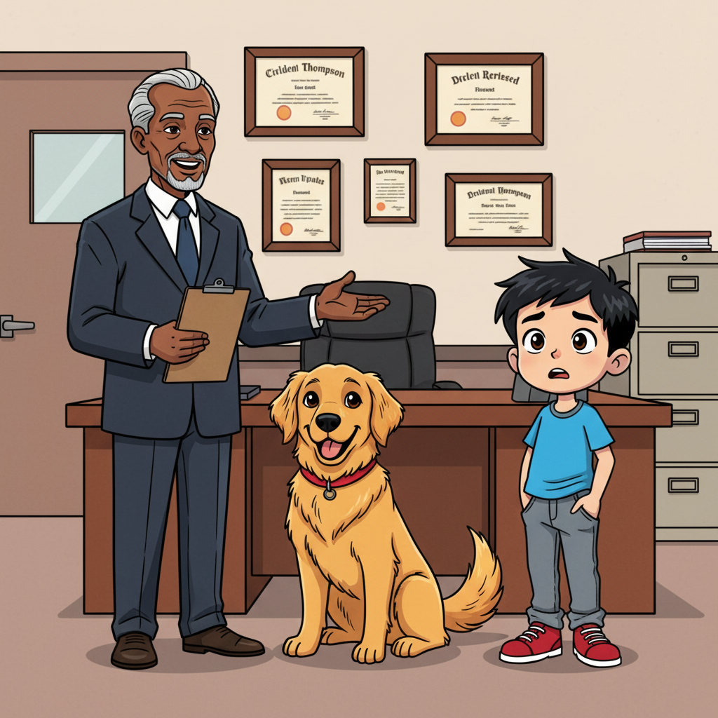 The Day My Dog Tried to Go to School — page 1 panel 5: In the principal's office, Principal Thompson stands with a surprising smile, holding a clipboard, as Bruno sits proudly with a lowered head, then wags his tail. Rohan looks utterly stunned by the news of Bruno's scholarship.