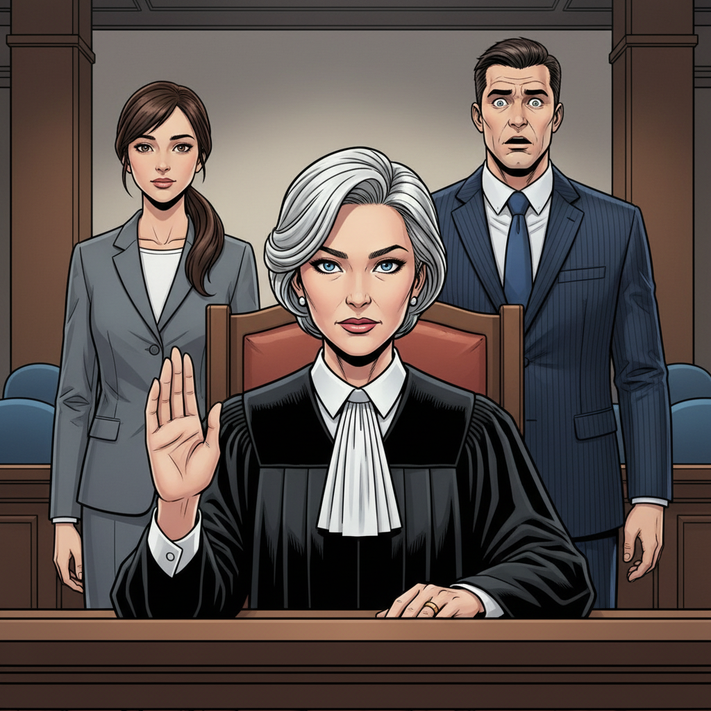 Судебное Разбирательство — page 1 panel 5: Судья Елена Петрова торжественно поднимает руку, ее лицо выражает глубокую задумчивость и серьезность. Ее голос звучит громко и отчетливо, объявляя решение суда. Лица истца и ответчика замирают в ожидании, а затем выражают шок и облегчение.