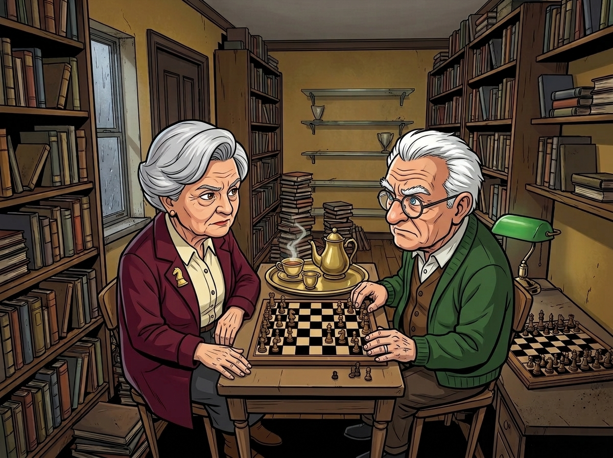 The Last Deliberate Draw — page 1 panel 5: Over tea, the old rivals replay the famous final match from memory, each accusation sharpening the room's silence.