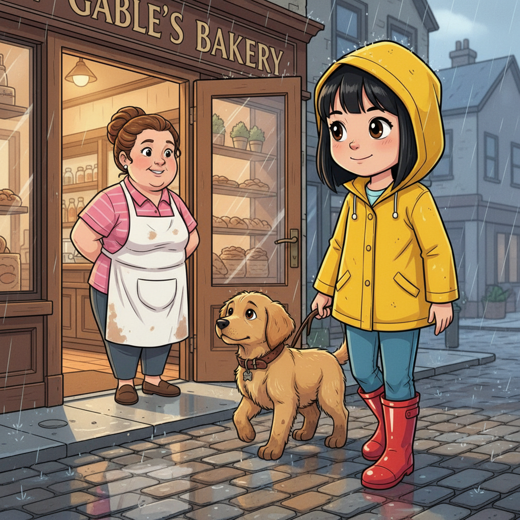 Maya and the Golden Paw — page 1 panel 6: Their journey takes them past 'Gable's Bakery,' its warm glow inviting. Mrs. Gable, the owner, smiles kindly from the doorway, offering a momentary comfort in the long search.