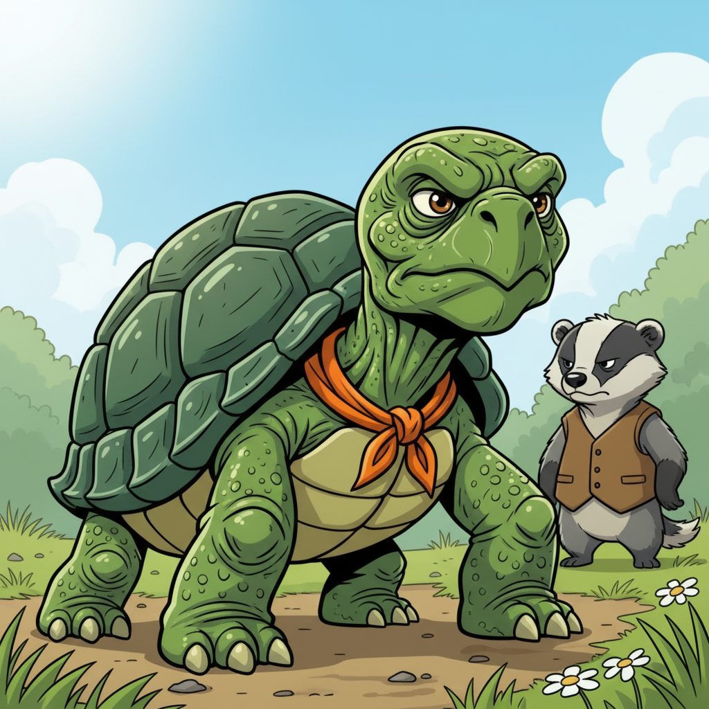 The Meadow Race: Slow and Steady Wins — page 1 panel 6: The Tortoise continues his unwavering march, one foot after another. Sweat glistens on his leathery skin, but his eyes remain fixed on the path ahead. Badger watches from the sidelines, still unimpressed.