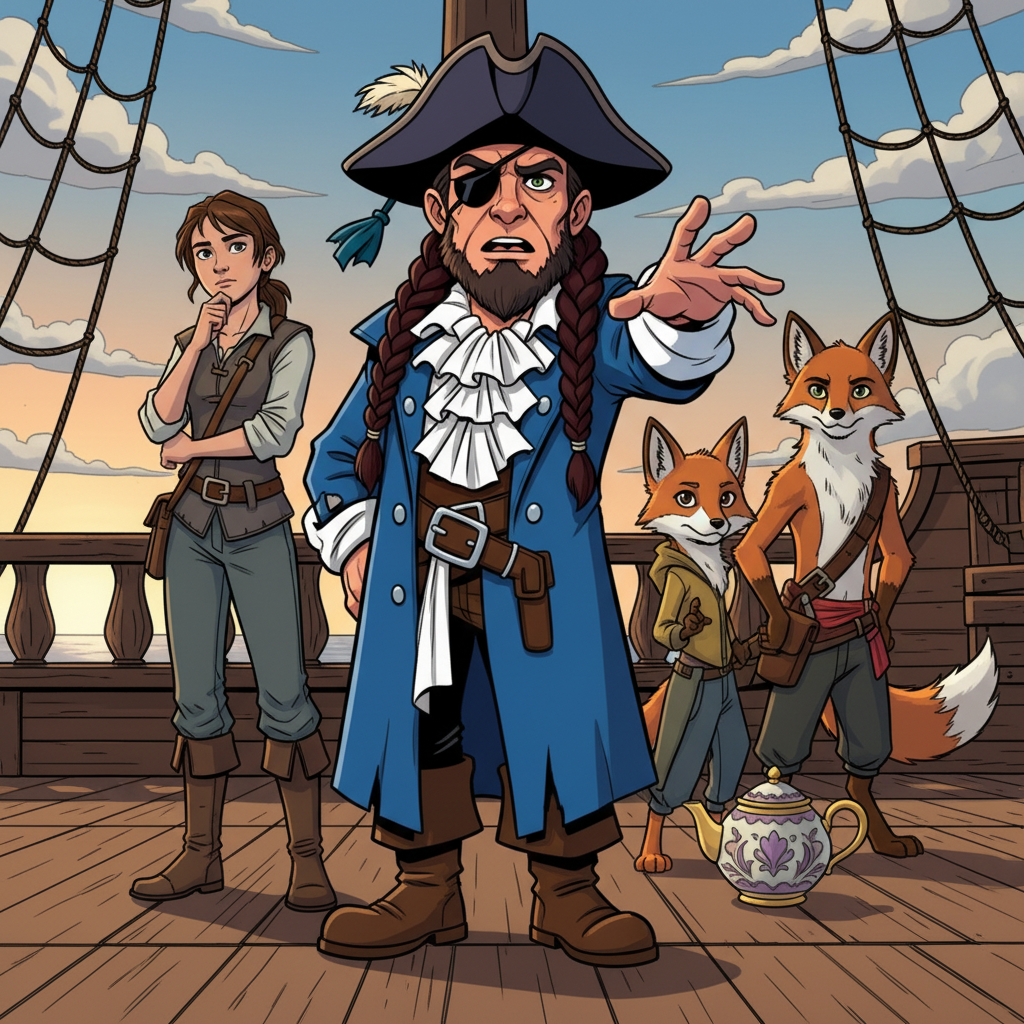 The Weaver of Worlds — page 1 panel 6: Captain Rourke, the pirate, booms with concern, while Pip the teapot sings a mournful, wavering note. They explain to a bewildered Emma that only a new story, one born from her imagination, can rekindle the dying magic of the library.