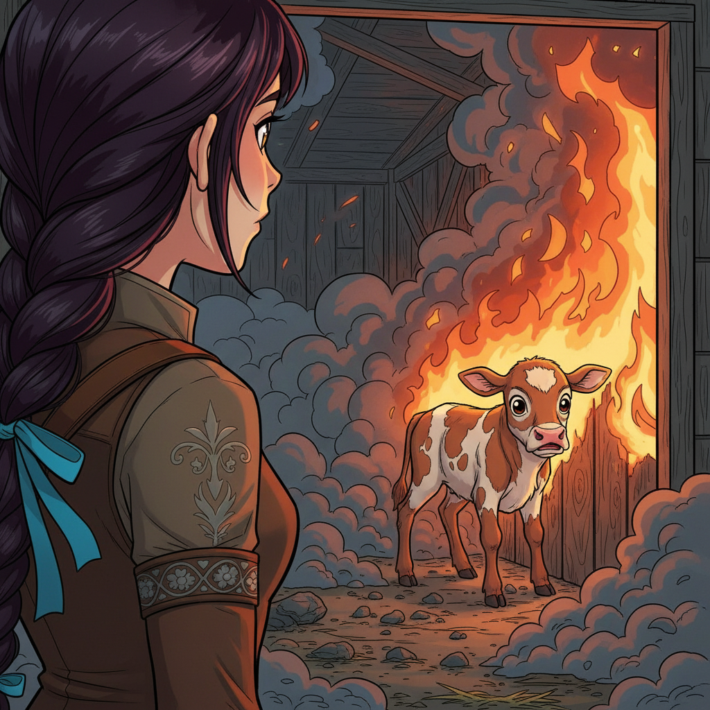 The Sky-Rider's Rescue — page 1 panel 6: Peering through a smoke-choked opening in the barn, Skye spots the terrified Barn Calf. Its wide, innocent eyes reflect the flickering flames, and it trembles, huddled against a wall, too scared to move.