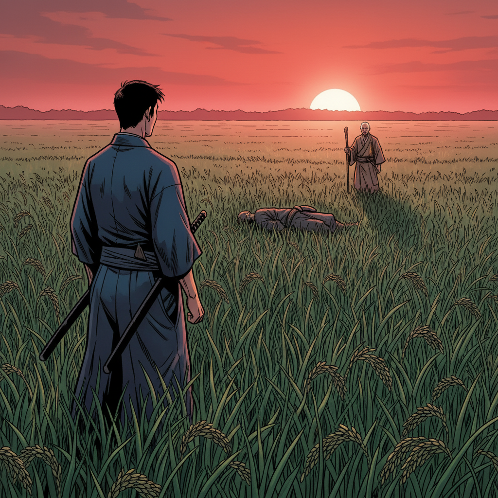 Silent Strike at Dawn — page 1 panel 6: The red morning light bathes the rice paddy once more. Kaito stands alone, his back to the viewer, gazing across the field where Ren's still form lies. The wind rustles the grass, a mournful whisper. Old Master Hiroshi slowly turns and walks away, his presence fading.