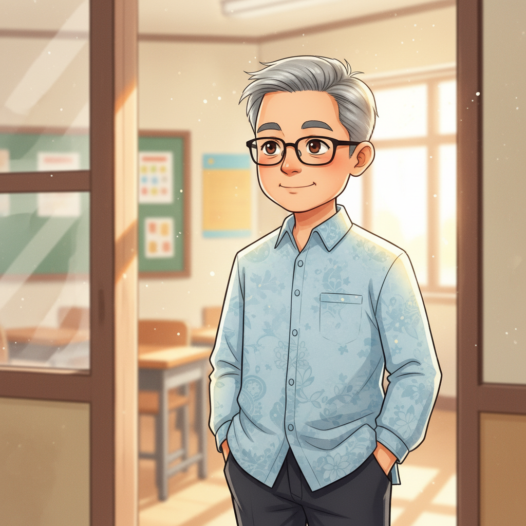 Semester Baru, Awal yang Baru — page 1 panel 6: Dari ambang pintu kelas, Pak Budi, guru sejarah yang bijaksana, memperhatikan Raka dengan senyum tipis. Dia seolah tahu apa yang sedang Raka pikirkan.