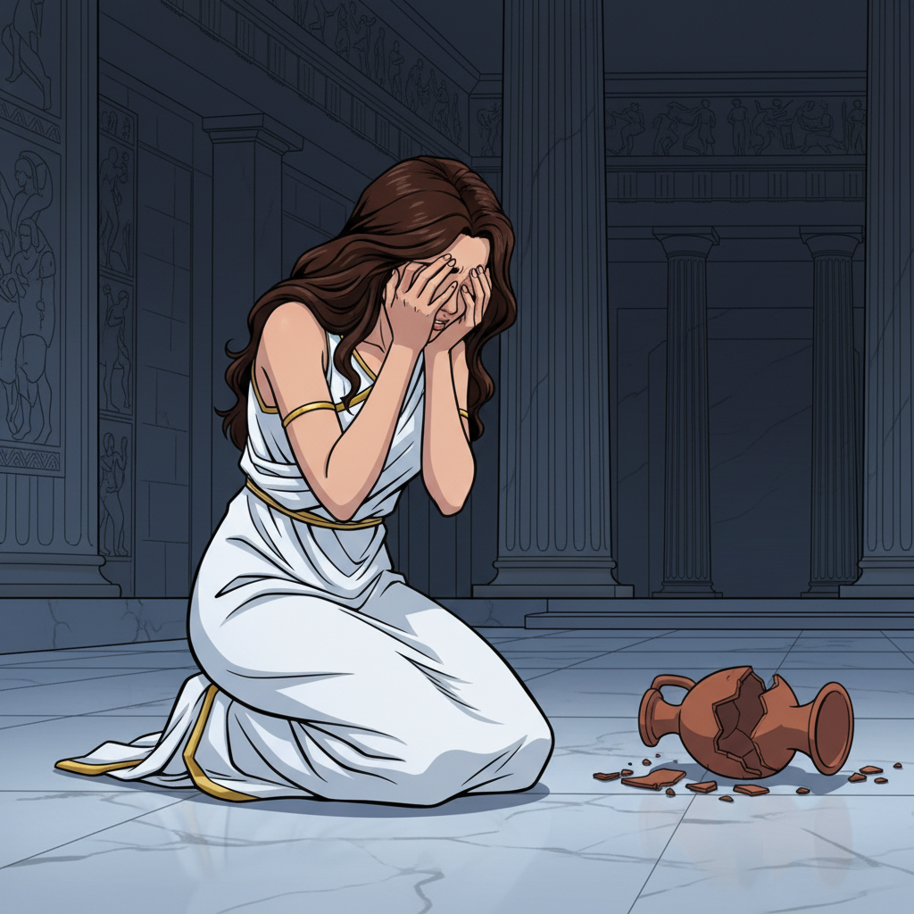 赫拉克勒斯与得伊阿尼拉：嫉妒的悲剧 — page 1 panel 6: 消息传回宫殿，得伊阿尼拉得知真相后崩溃。她跪倒在地，双手捂脸，无尽的悔恨与恐惧将她彻底击垮。她的嫉妒酿成了无法挽回的悲剧。