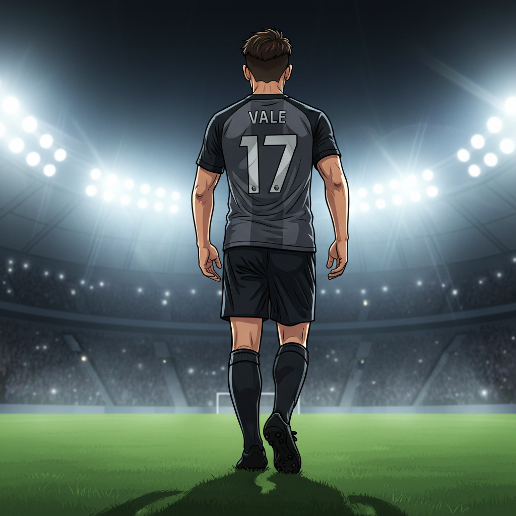 The Number 17 — page 1 panel 6: Luca walks towards the pitch, his back to the viewer, the name 'VALE' and number '17' emblazoned on his jersey. The stadium lights blaze behind him, casting a heroic silhouette as he steps onto the field, ready to change the game.