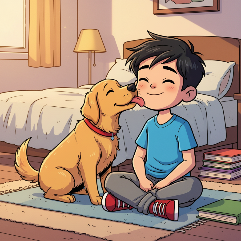 The Day My Dog Tried to Go to School — page 1 panel 6: That night, Rohan sits on the floor next to Bruno, who is happily licking his face. Rohan smiles, finally accepting the unexpected intelligence of his best friend, a quiet moment of understanding in their bedroom.