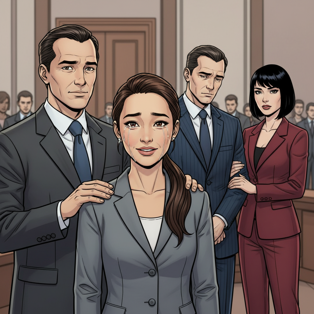 Судебное Разбирательство — page 1 panel 6: Анна Иванова глубоко вздыхает с облегчением, ее глаза наполняются слезами радости. Борис Волков отступает, его плечи опущены в знак поражения. Справедливость восторжествовала, и теперь каждый пойдет своим путем, изменившись после этого дня.