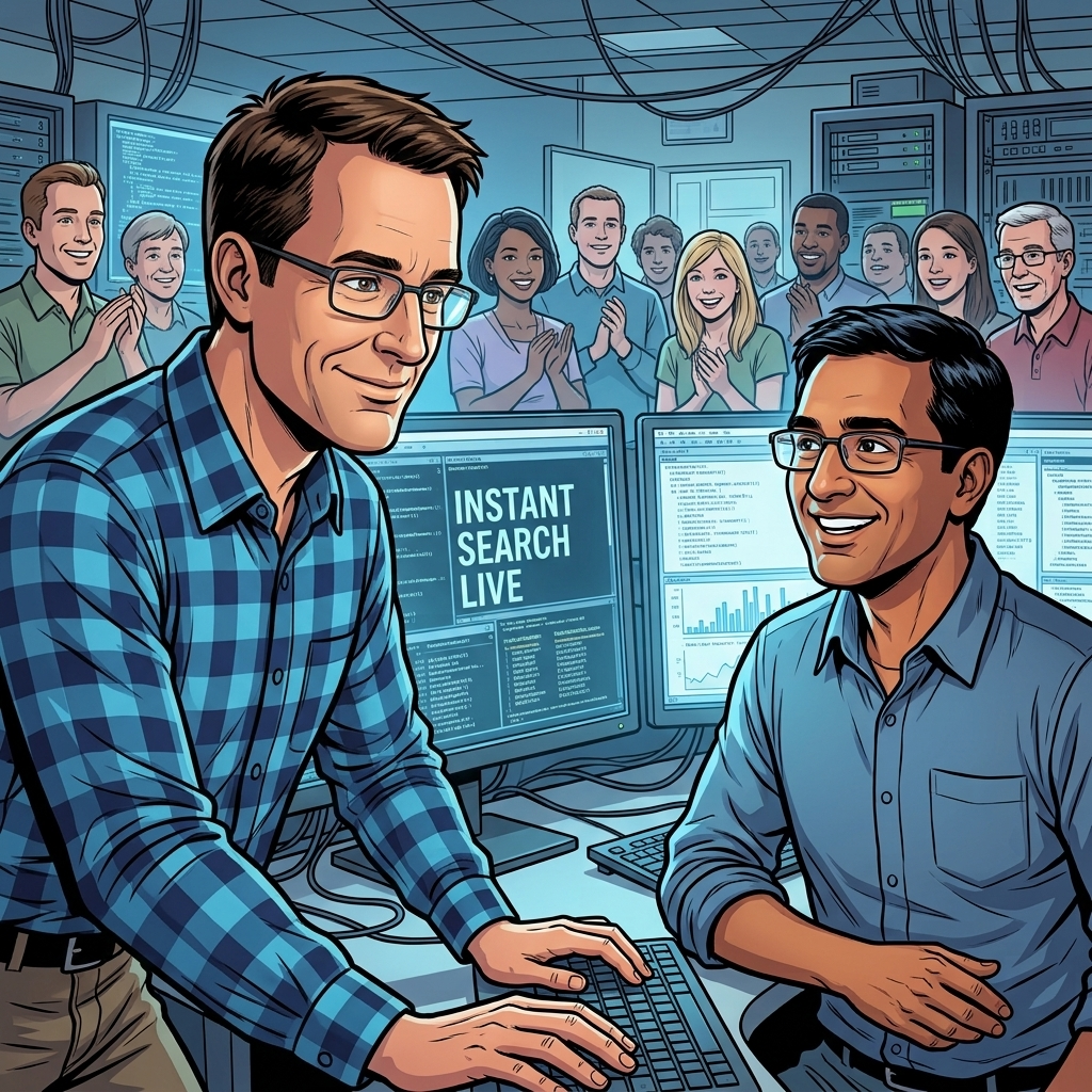 The Man Who Built Google's Brain — page 1 panel 6: Search results now appear instantly on several monitors. The engineers exchange stunned smiles as the office briefly erupts in relief.