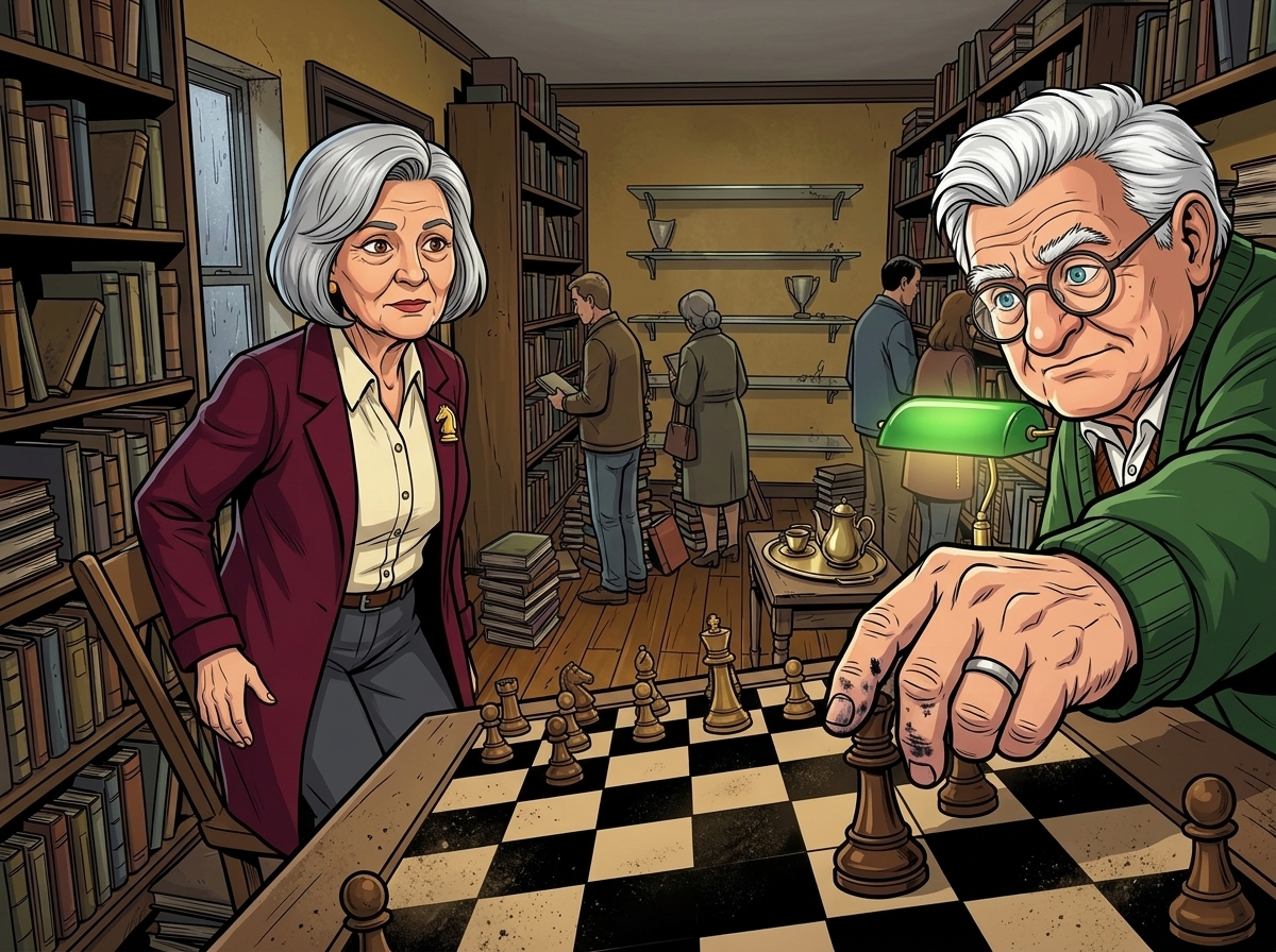 The Last Deliberate Draw — page 1 panel 6: Viktor slams a chess piece onto the dusty board and accuses Elena of cheating; she rises, stung but defiant.