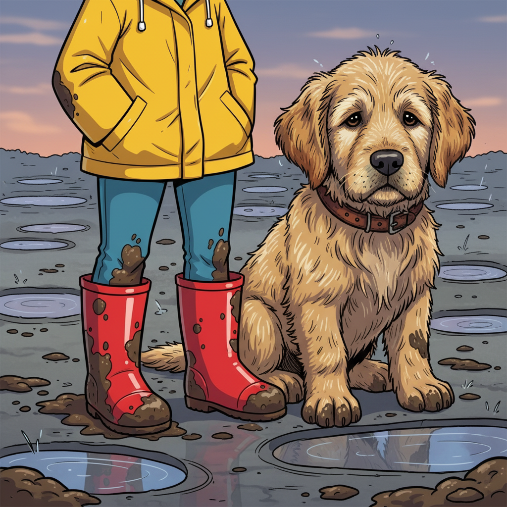 Maya and the Golden Paw — page 2 panel 4: A close-up on Maya's mud-splattered red boots and Buddy's tired, muddy paws, showing the length and effort of their journey. The day is fading.