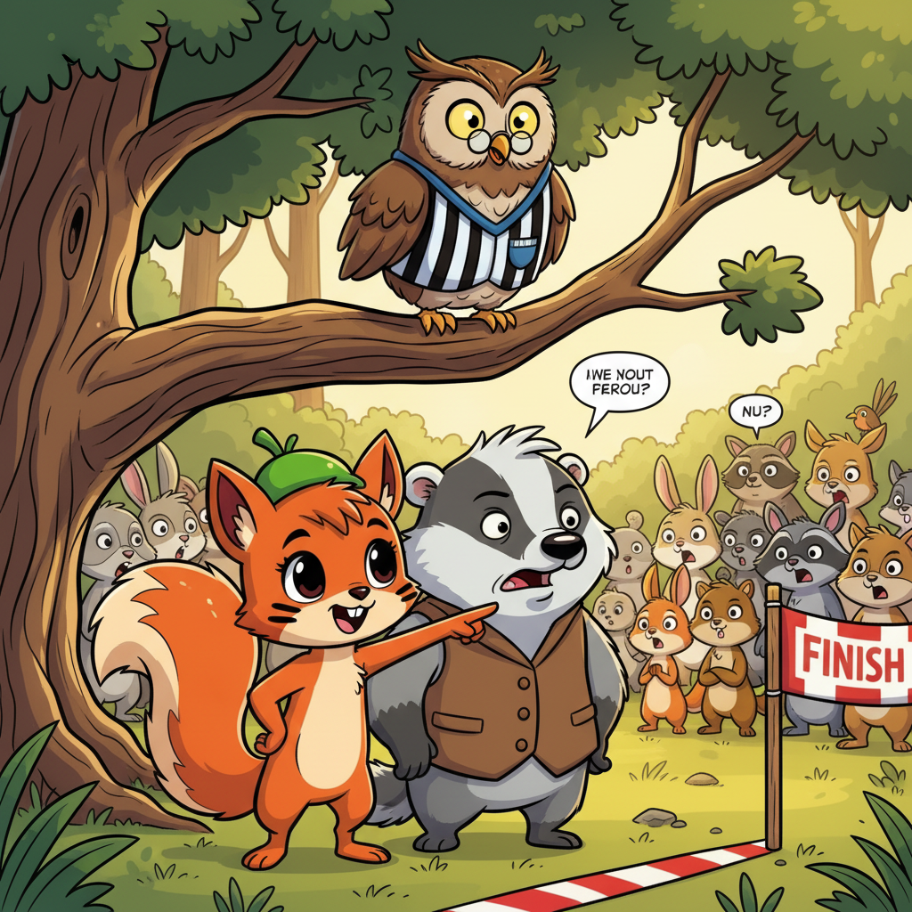 The Meadow Race: Slow and Steady Wins — page 2 panel 4: Near the finish line, the crowd of forest animals grows restless, then suddenly erupts in gasps and whispers. Squirrel points excitedly, and even Badger's gruff expression shifts to one of disbelief and dawning hope.