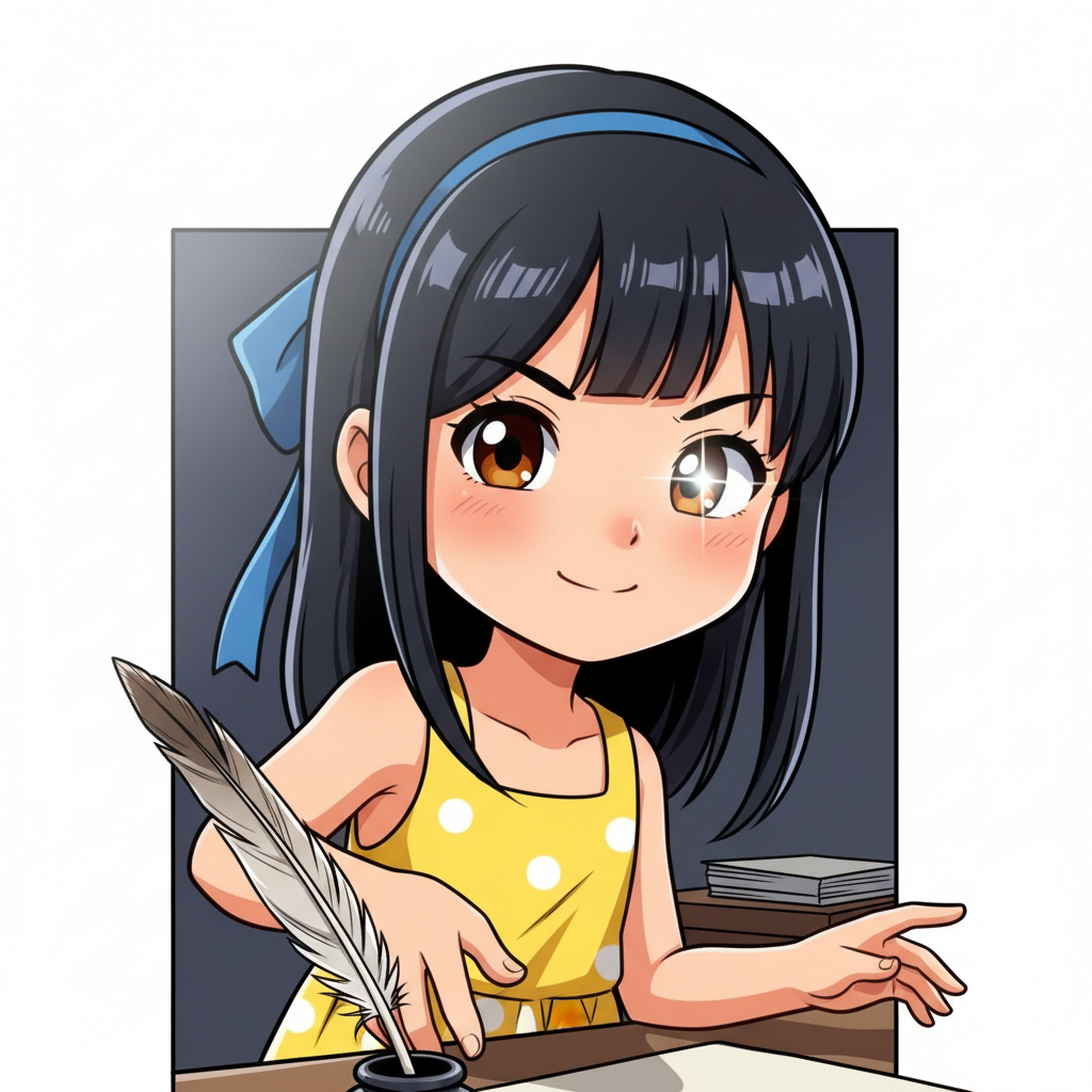 The Weaver of Worlds — page 2 panel 4: One evening, as the moon casts long shadows, Emma has a breakthrough. Her eyes light up, a brilliant idea forming. She grabs her quill, a surge of inspiration guiding her hand.