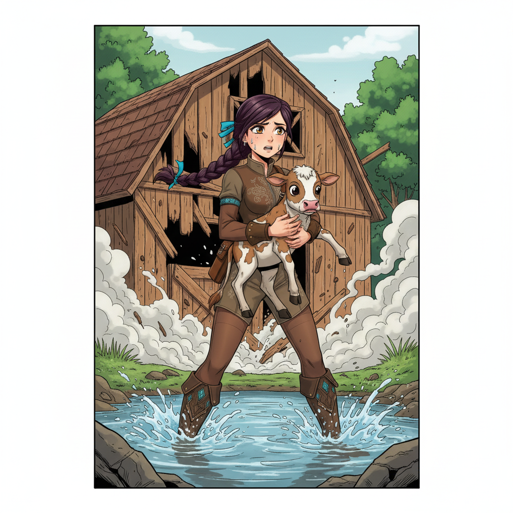 The Sky-Rider's Rescue — page 2 panel 4: Skye and the calf splash into the cool, shallow waters of the creek, just moments before the entire barn roof caves in with a thunderous roar. Exhausted but safe, Skye collapses gently into the water, the calf still held close.