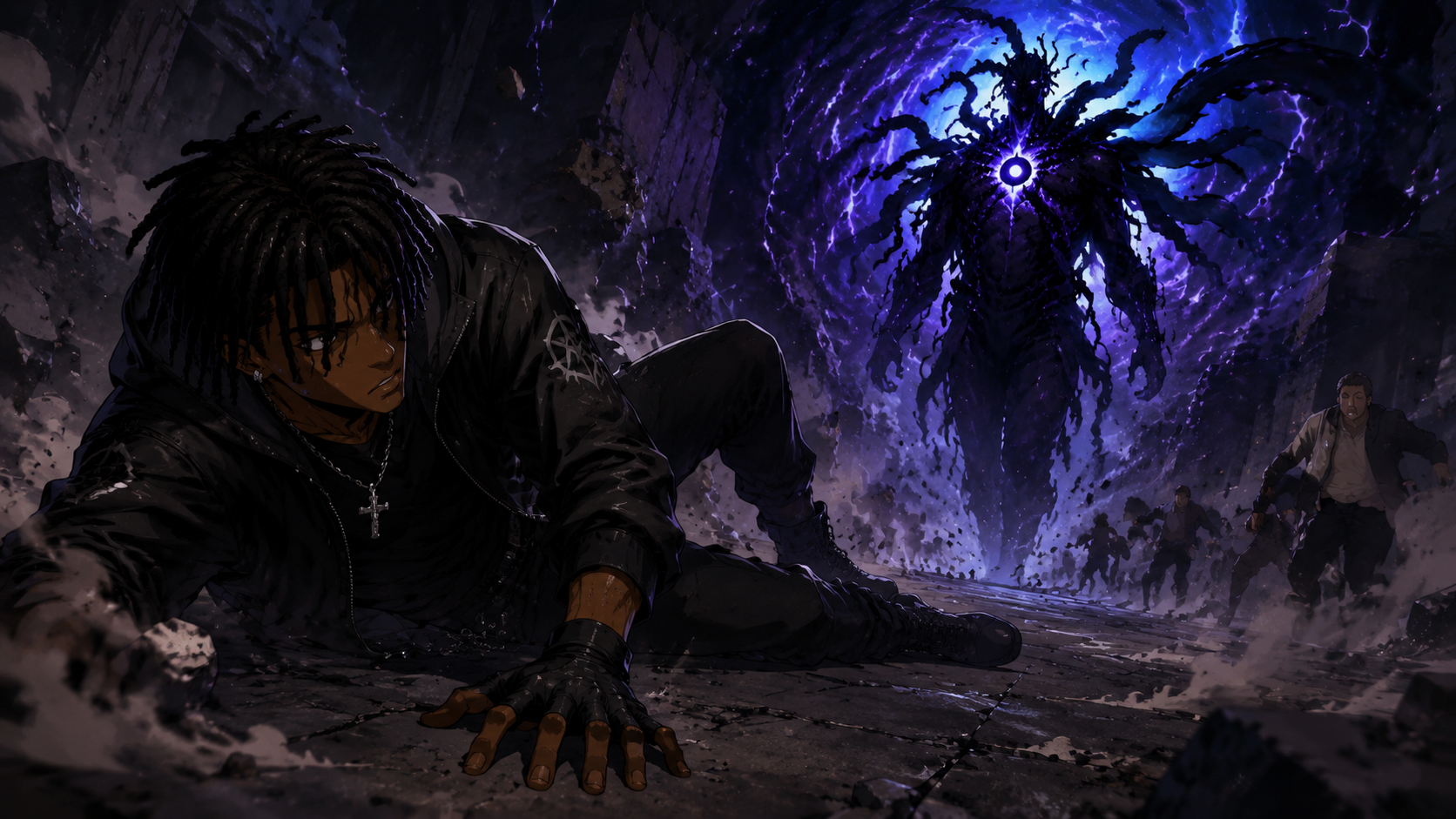 ZERO RANK — Episode 1: Rank Zero — page 2 panel 4: The monster retaliates. Malik Cross is thrown across the cavern floor and struggles to rise while the creature advances through the dust.