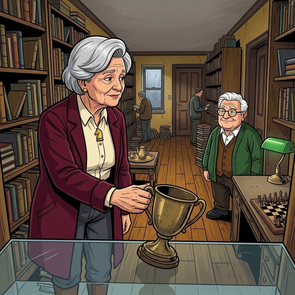 The Last Deliberate Draw — page 2 panel 4: At the doorway, Elena leaves the trophy on Viktor's empty shelf. He watches silently as the returned past finds its place.