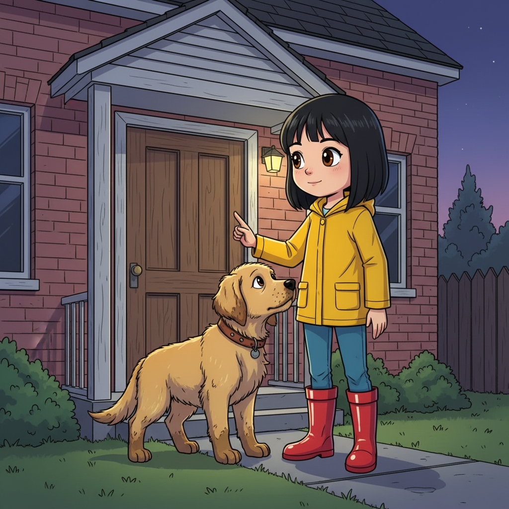 Maya and the Golden Paw — page 2 panel 5: Finally, they stand before a modest house. Buddy whimpers softly, nudging Maya's hand towards the door. Maya takes a deep breath and knocks, her heart pounding with anticipation.