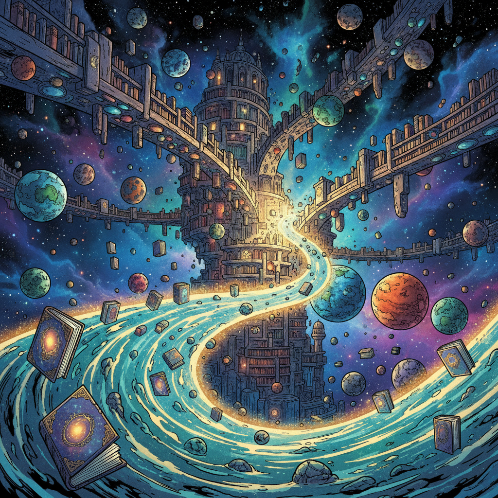 The Weaver of Worlds — page 2 panel 5: As Emma writes, the ethereal Library of Worlds, shown in a swirling, cosmic expanse, begins to regain its vibrancy. Ghostly books glow faintly, colors returning to their faded covers, a ripple of magic spreading.