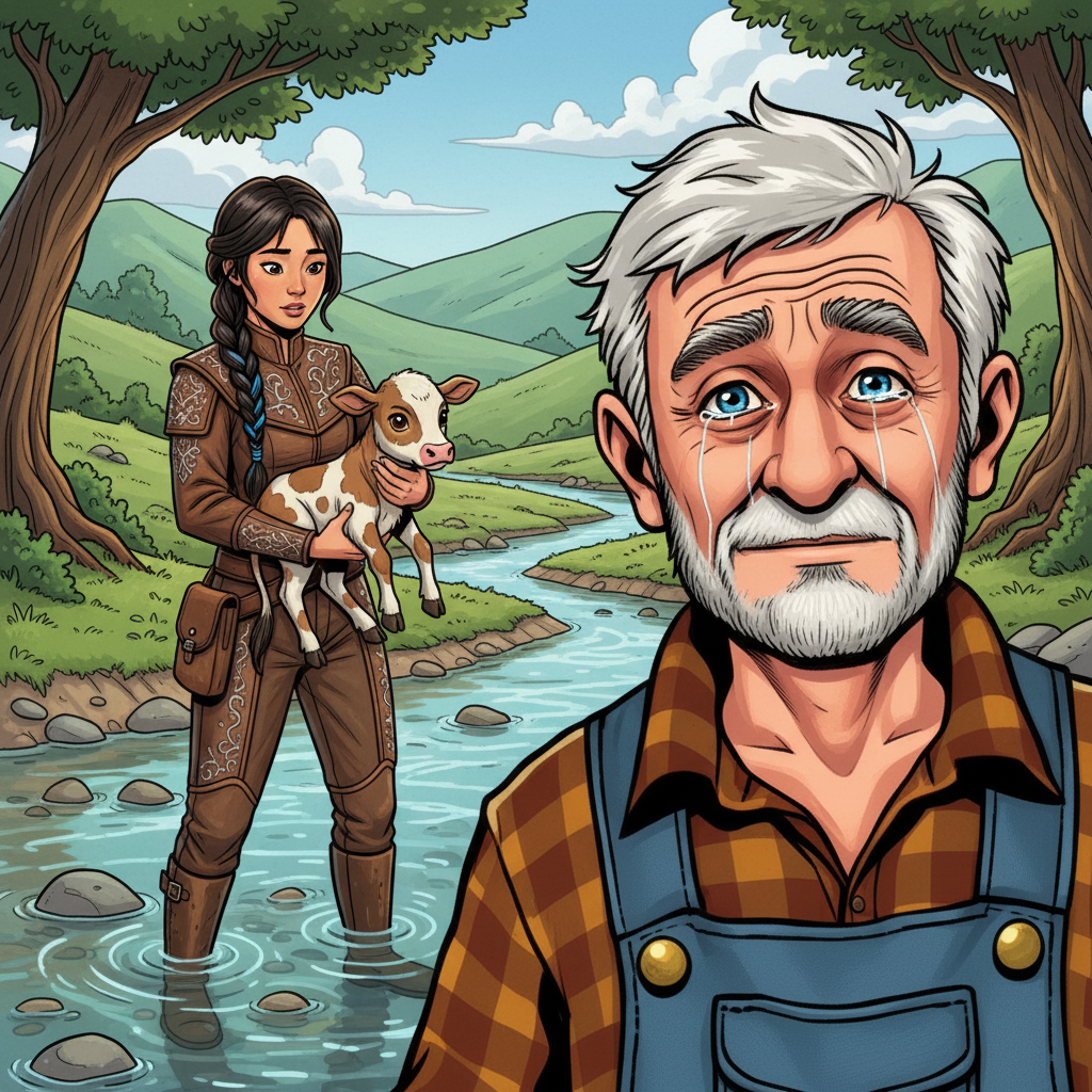 The Sky-Rider's Rescue — page 2 panel 5: Old Man Henderson rushes to the creek bank, his face streaked with tears of relief and gratitude. He gazes at Skye and his rescued calf, overwhelmed with emotion.