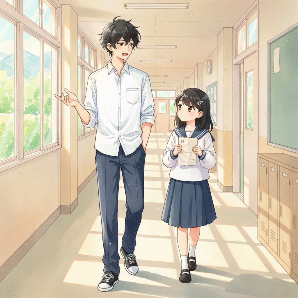 Semester Baru, Awal yang Baru — page 2 panel 5: Raka dan Dina berjalan bersama menyusuri koridor. Raka menjelaskan arah dengan santai, Dina mendengarkan dengan penuh perhatian. Sebuah koneksi kecil terbentuk.