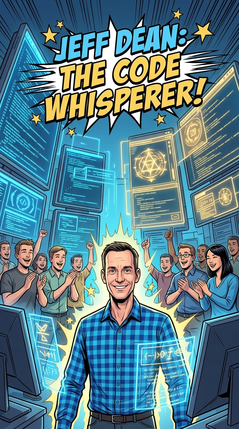 The Man Who Built Google's Brain — page 2 panel 5: A dramatic comic-style image presents the famous joke: compilers do not warn Jeff Dean; Jeff Dean warns compilers. The legend grows beyond the facts.