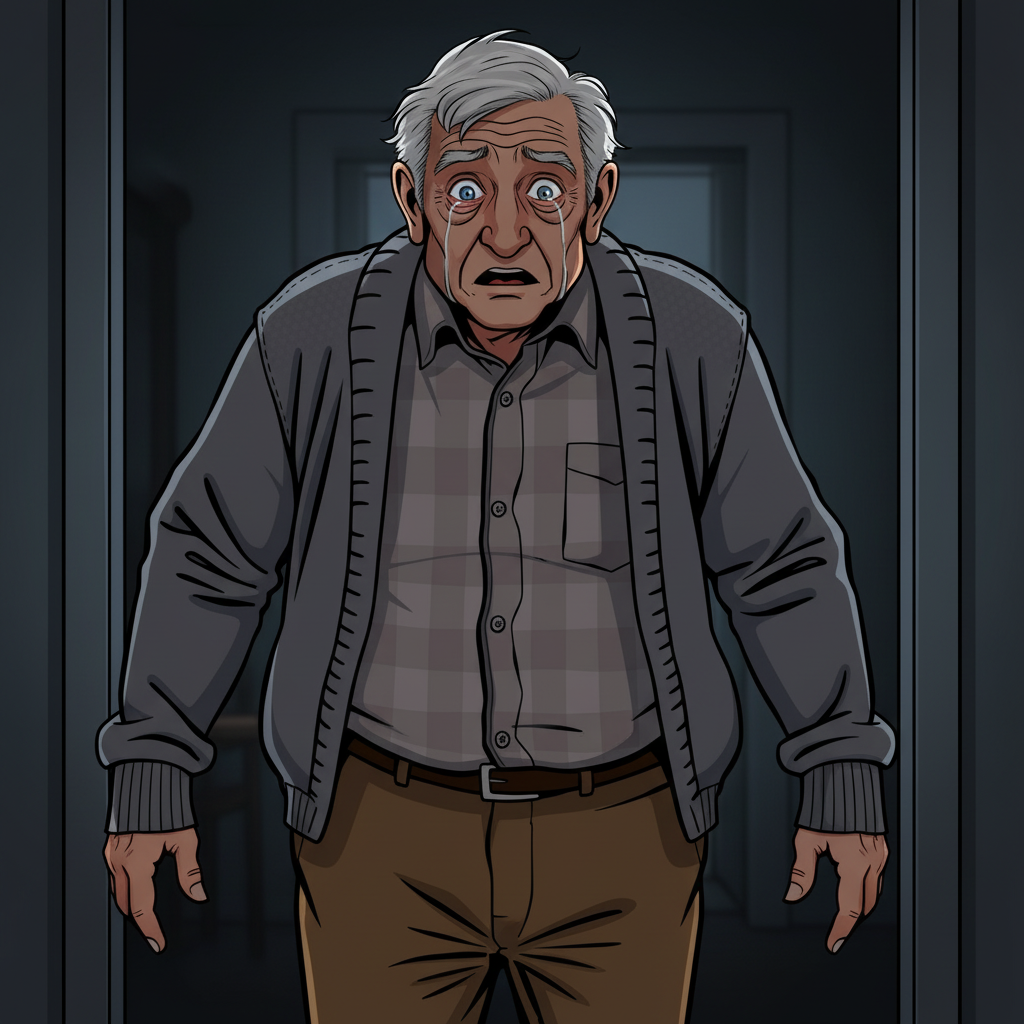 Maya and the Golden Paw — page 2 panel 6: The door creaks open. An elderly man, gaunt with worry, peers out. His eyes, red-rimmed and filled with a profound sadness, widen in disbelief as he spots Buddy.