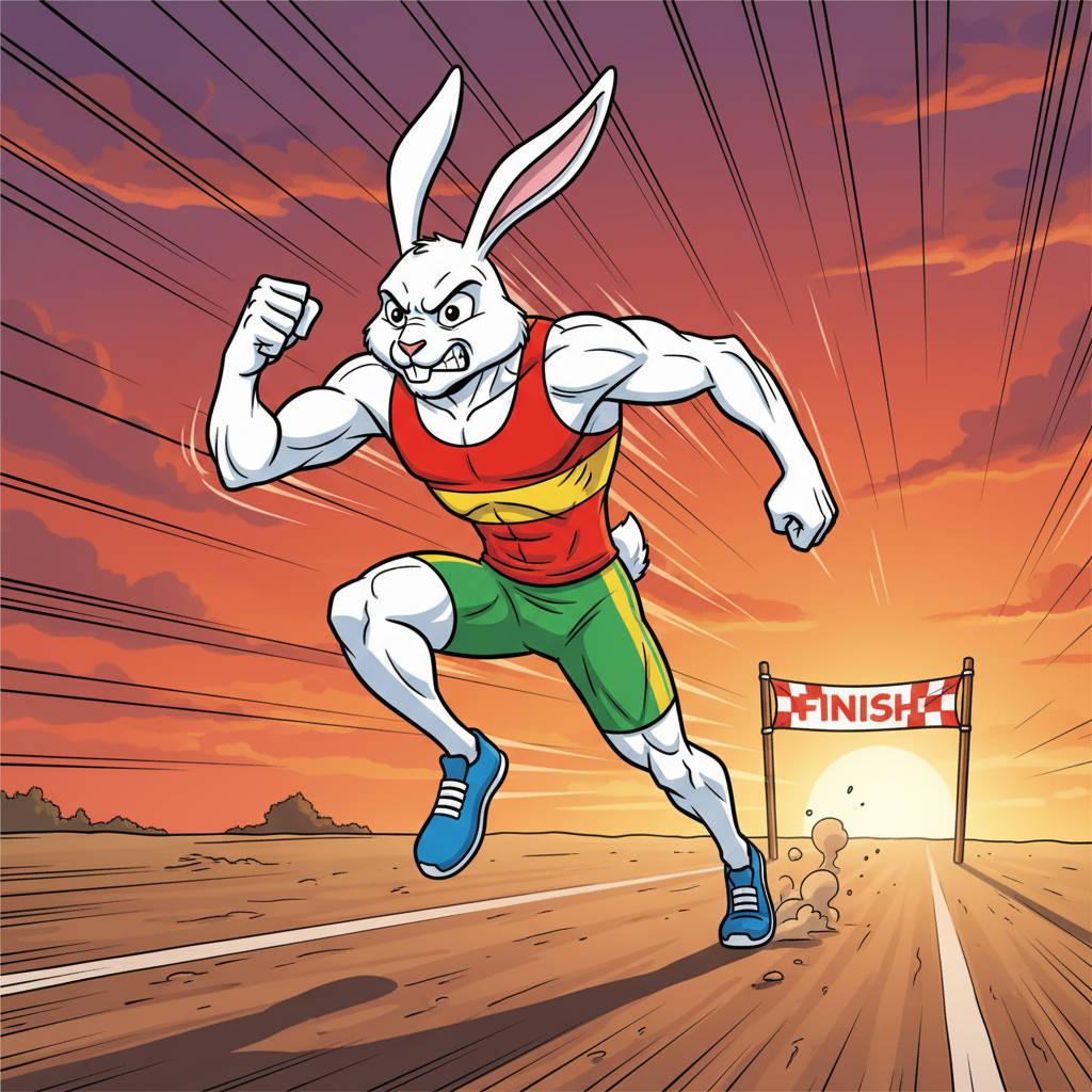 The Meadow Race: Slow and Steady Wins — page 2 panel 6: Hare springs to his feet, a blur of motion, desperately sprinting towards the finish line. His face is a mask of frantic effort and regret. The finish line banner is visible in the distance.