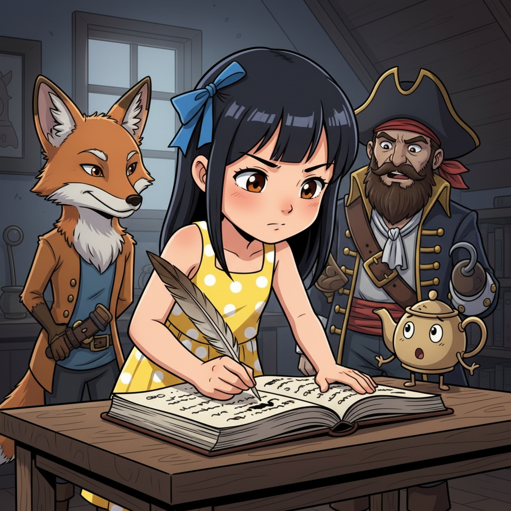 The Weaver of Worlds — page 2 panel 6: Emma writes with fierce concentration, her quill flying across the page. Flicker, Captain Rourke, and Pip watch over her, their expressions a mix of awe and anticipation as they witness her story taking shape.