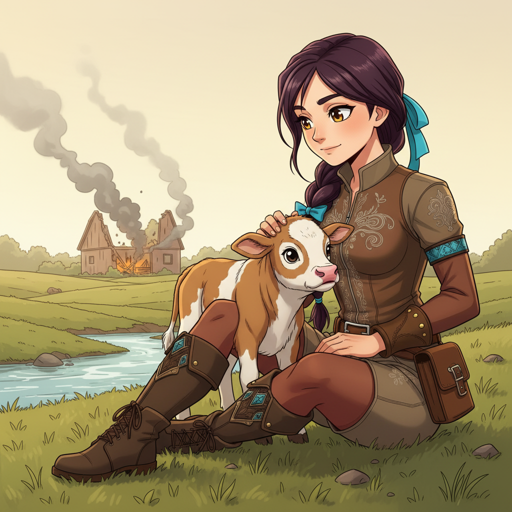 The Sky-Rider's Rescue — page 2 panel 6: Later, Skye sits by the creek, gently stroking the calf, who nuzzles contentedly against her. Smoke still curls from the ruins of the barn in the distance, a stark reminder of the danger, but life has found a way to continue.