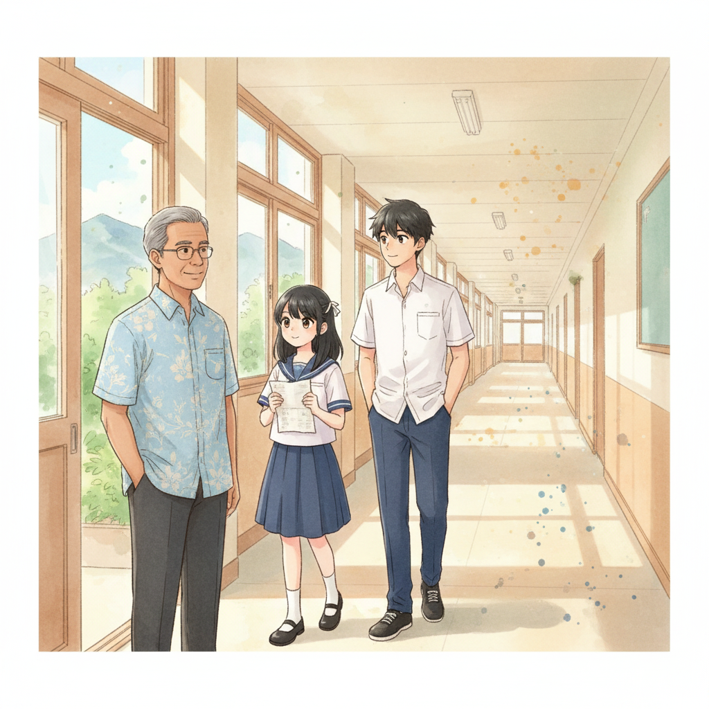 Semester Baru, Awal yang Baru — page 2 panel 6: Raka dan Dina semakin menjauh di koridor. Pak Budi melihat mereka dari kejauhan, senyum bangga di wajahnya. Raka melirik ke belakang sejenak, merasakan kepuasan yang tenang.