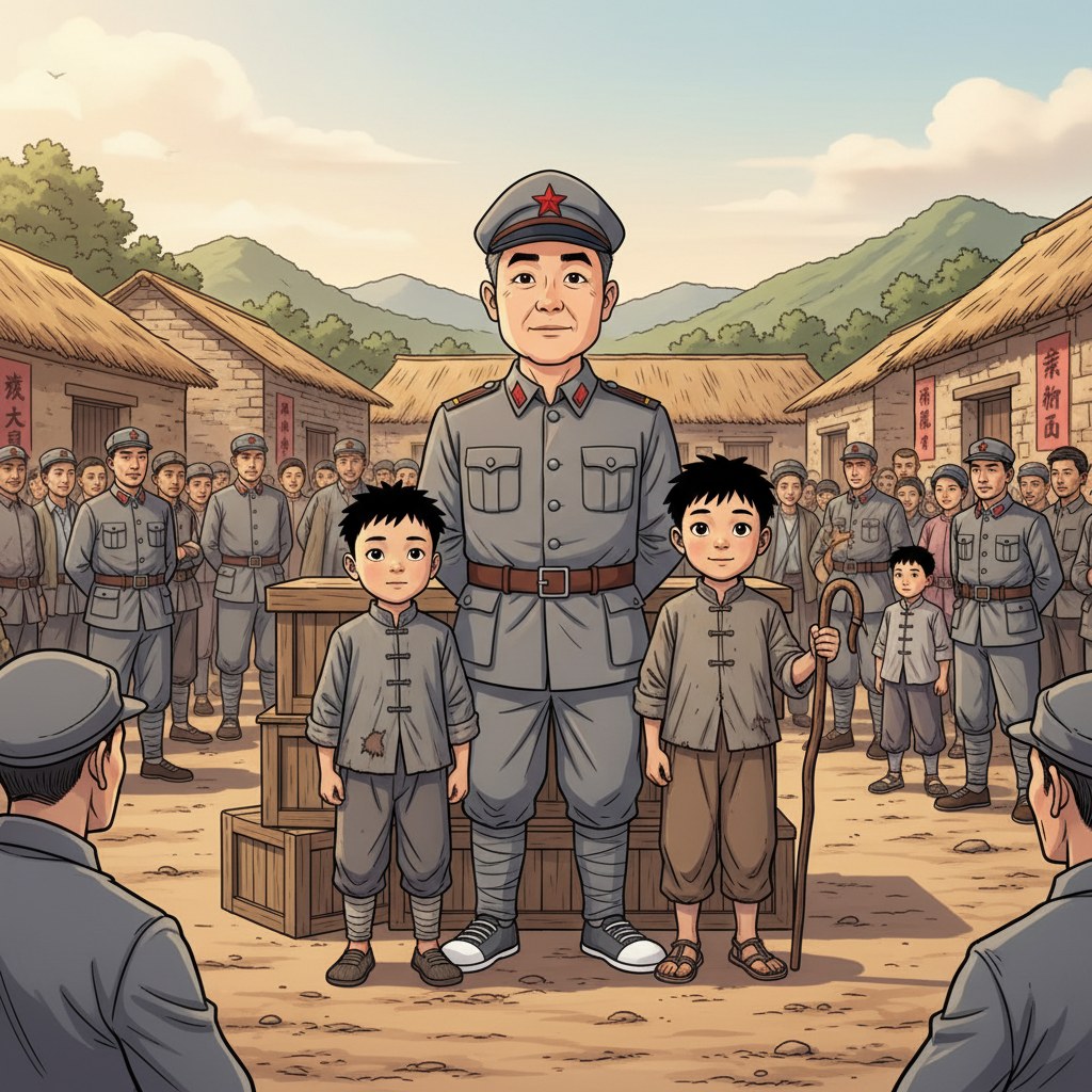 王二小智斗鬼子 — page 2 panel 1: 战斗胜利后，村庄恢复了宁静，村民们聚集在村口广场，八路军战士们也围拢过来。气氛既有劫后余生的庆幸，也有对英雄的敬意。一个简易的木箱被当作讲台摆在中央。