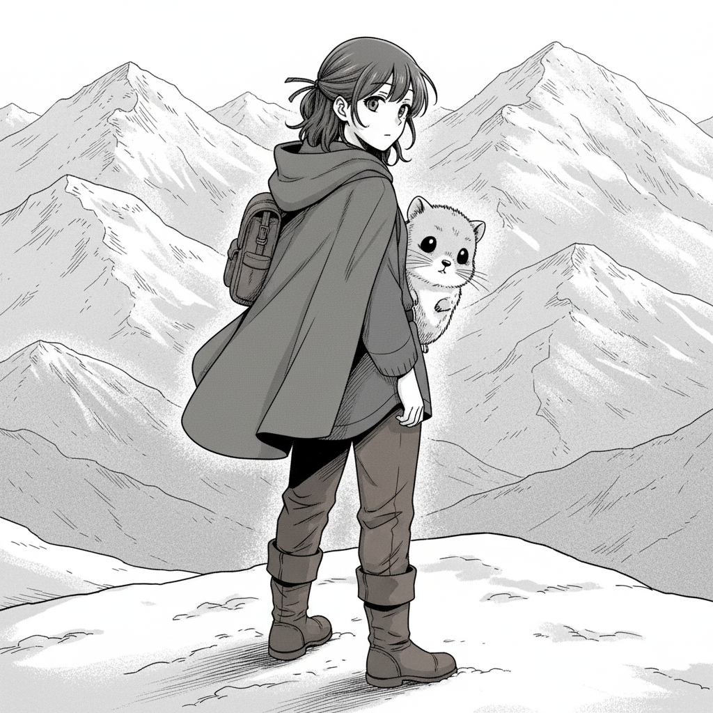 The Silent Ridge — page 2 panel 1: Elara, having enjoyed the breathtaking view from the ridge, starts to feel the biting cold set in. As she shifts to stretch her legs, her eyes catch an anomaly in the pristine snow near the ridge's edge, something that breaks the untouched silence.