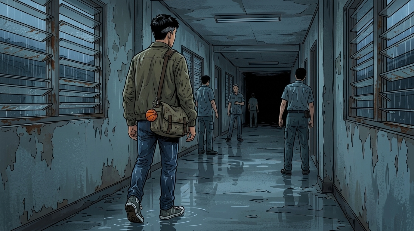 Letters I'll Never Send — Part One: Miles Between Us — page 2 panel 1: PB enters the low-ceilinged hallway, his wet rubber soles squeaking into the silence while the smell of wet asphalt, chalk dust, and damp cotton uniforms brings June 2001 rushing back.