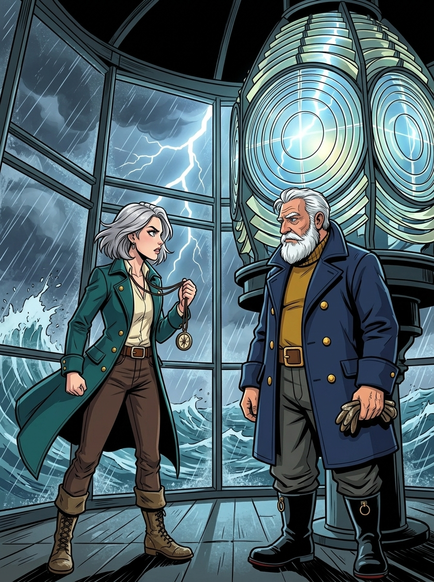 The Moving Sea — page 2 panel 1: During a violent storm, Mira climbs the spiral stairs and confronts Tomas at the lighthouse lantern room, anger battling fear.