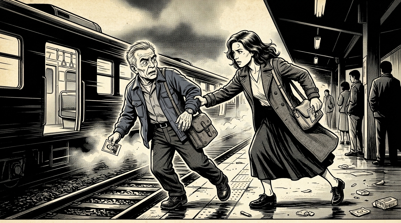 The Last Train — page 2 panel 1: Before Elias can reach Mara, every station light abruptly fails. Darkness swallows the platform, and the last train jolts forward with its doors still open. Mara lunges from the right side toward Elias on the platform edge, while Elias reaches back in alarm.