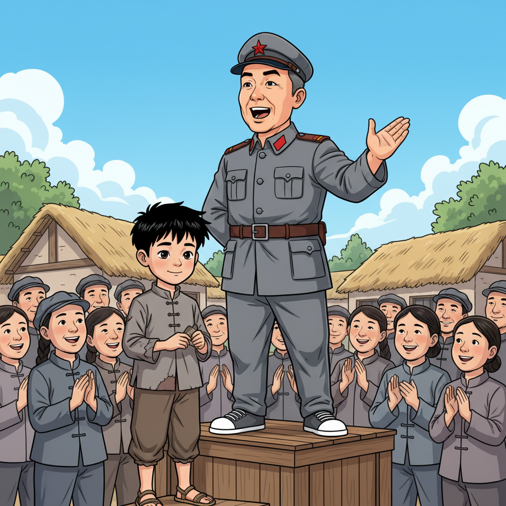 王二小智斗鬼子 — page 2 panel 2: 八路军政委（char_7）站在简易讲台上，他目光坚定，声音洪亮，向在场的村民和战士们讲述了王二小的英勇事迹。王二小（char_1）站在人群中，低着头，显得有些腼腆。