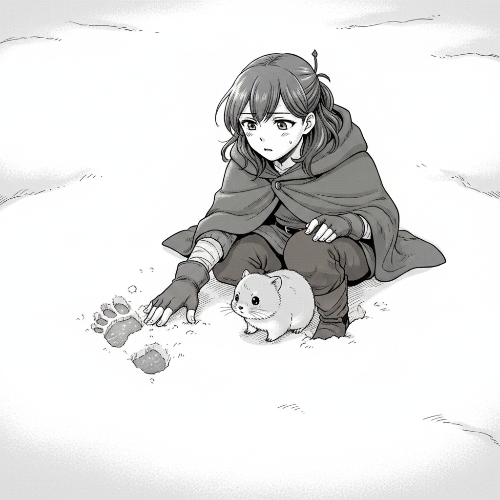 The Silent Ridge — page 2 panel 2: Elara kneels, brushing away a thin layer of fresh powder to reveal a series of distinct, deep footprints in the snow. They are unmistakably human, leading away from the ridge. Pip cautiously sniffs at the first print, equally puzzled.