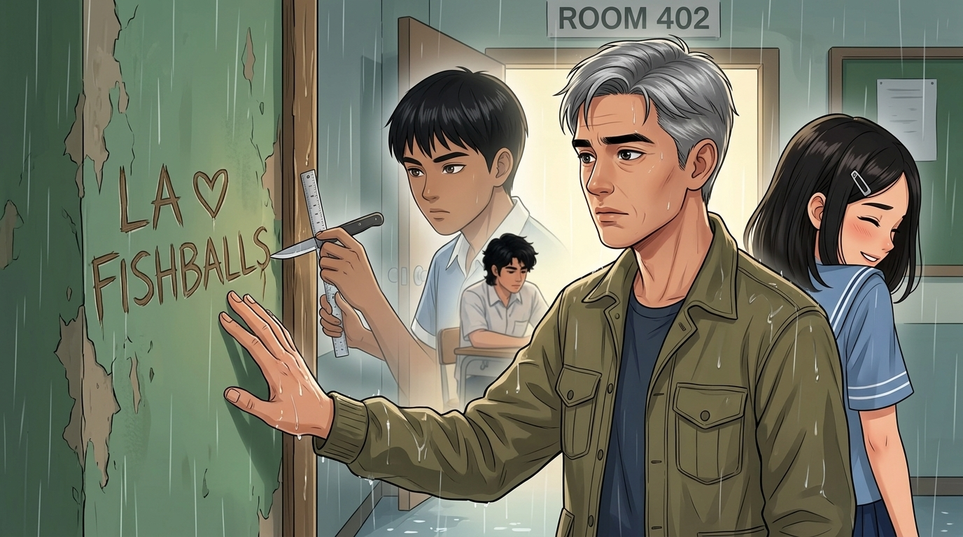 Letters I'll Never Send — Part One: Miles Between Us — page 2 panel 2: Beside Room 402, PB discovers the old carving and touches it, remembering LA's straight-faced vandalism and Sarah's hidden laugh.