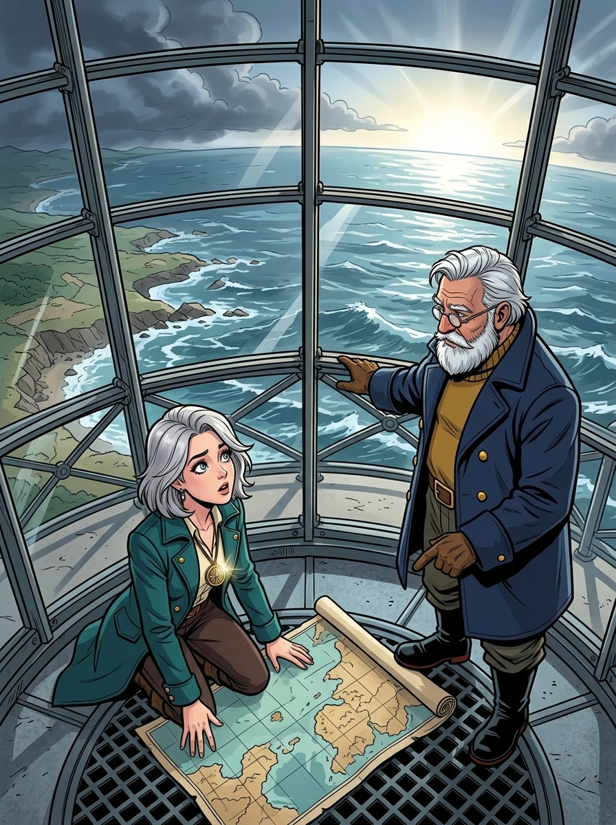 The Moving Sea — page 2 panel 2: Tomas reveals the truth: the sea itself is moving. Mira looks out over the shifting water, stunned, then opens her map to begin recording a new reality.