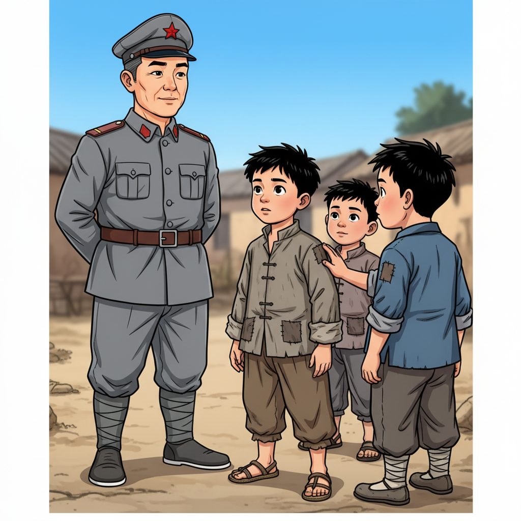 王二小智斗鬼子 — page 2 panel 3: 政委（char_7）的目光扫过在场的孩子们，鼓励他们学习王二小的精神。王二小（char_1）抬起头，身旁的好友小明（char_6）给了他一个鼓励的眼神，并轻轻推了他一下。