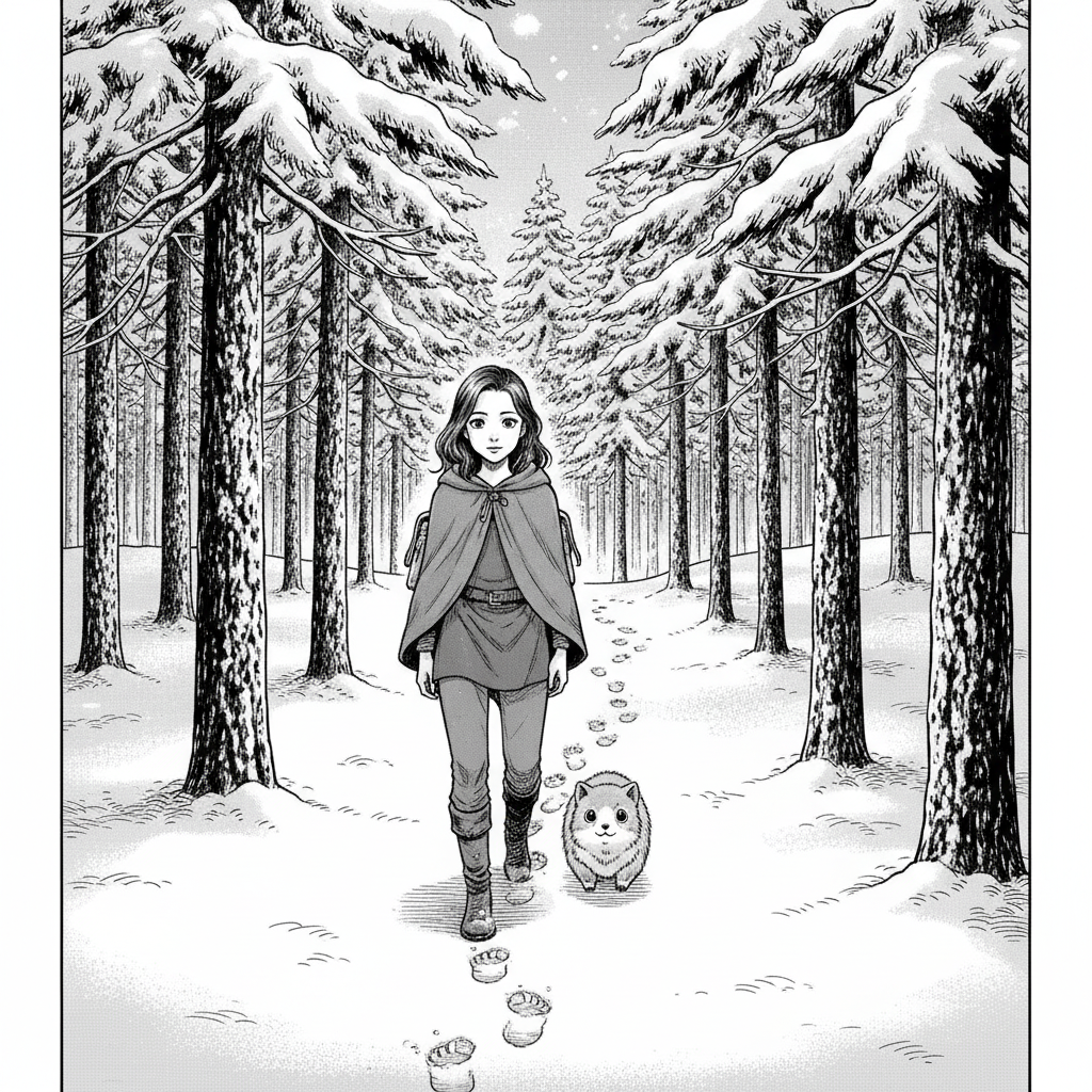 The Silent Ridge — page 2 panel 3: Compelled by curiosity, Elara begins to follow the trail of footprints. They lead her down a gentle slope from the ridge into a more forested, snow-laden area. The tracks are clear, a silent invitation drawing her deeper into the frosted wilderness. Pip trots diligently beside her.