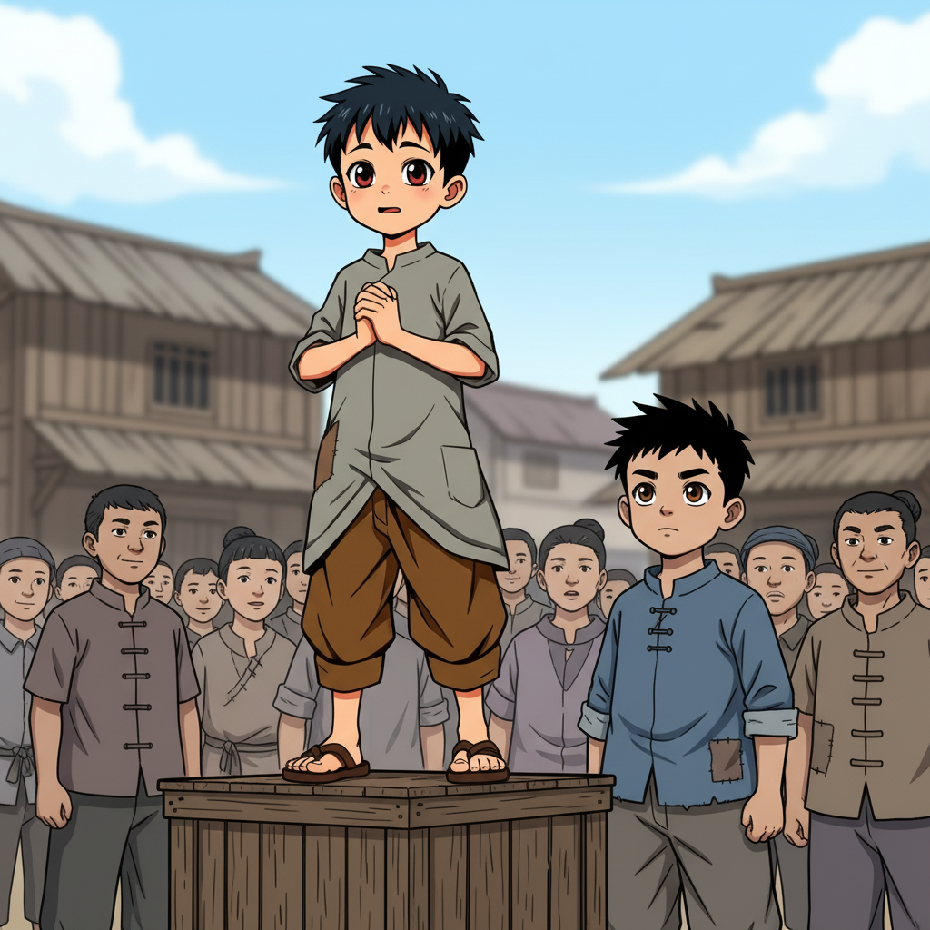 王二小智斗鬼子 — page 2 panel 4: 在伙伴的鼓励下，王二小（char_1）鼓起勇气，走上简易讲台。他深吸一口气，面对着台下期待的目光，开始讲述自己引诱鬼子的经过。