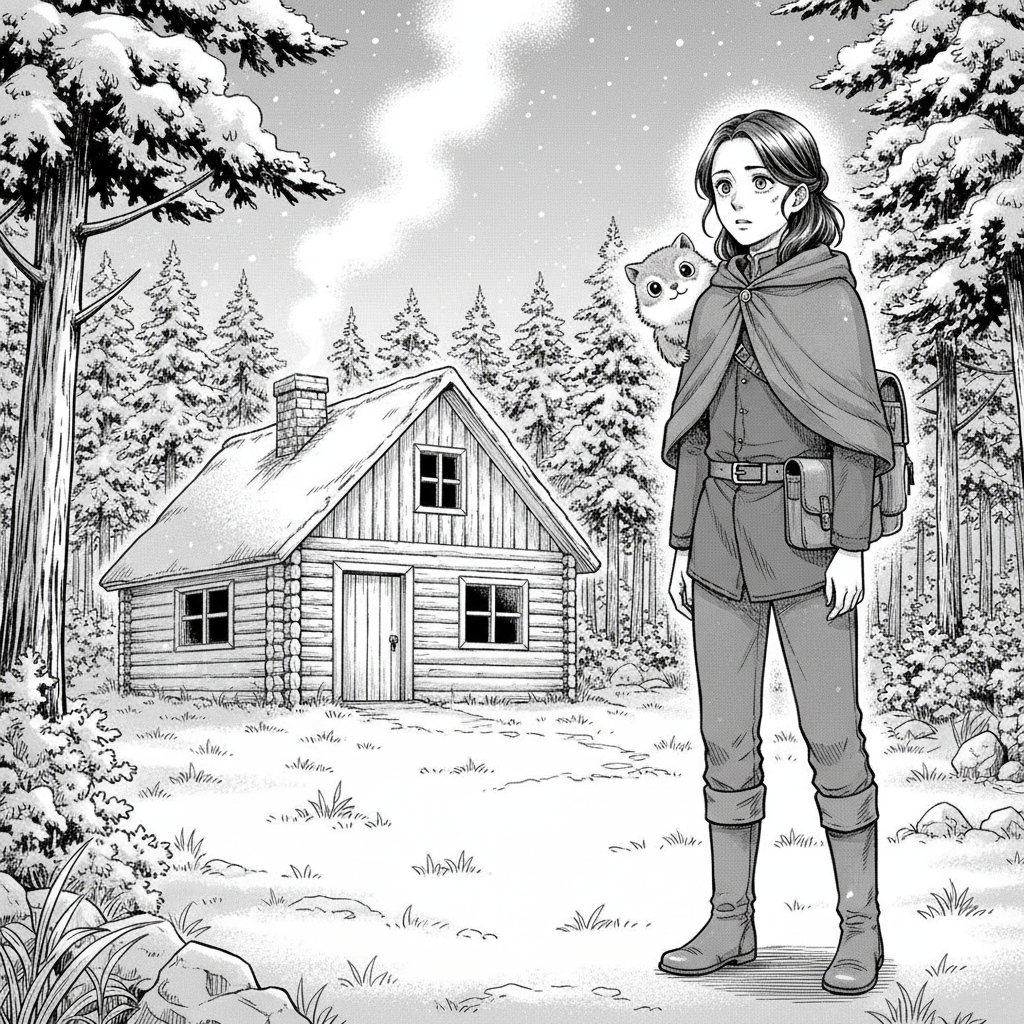 The Silent Ridge — page 2 panel 4: The footprints end abruptly at a small, rustic wooden cabin, nestled in a clearing surrounded by snow-dusted evergreens. Smoke curls faintly from its chimney, suggesting recent occupation. Elara stands before it, her face etched with a strange mix of recognition and utter bewilderment. She doesn't remember this place, yet a faint echo stirs within her.