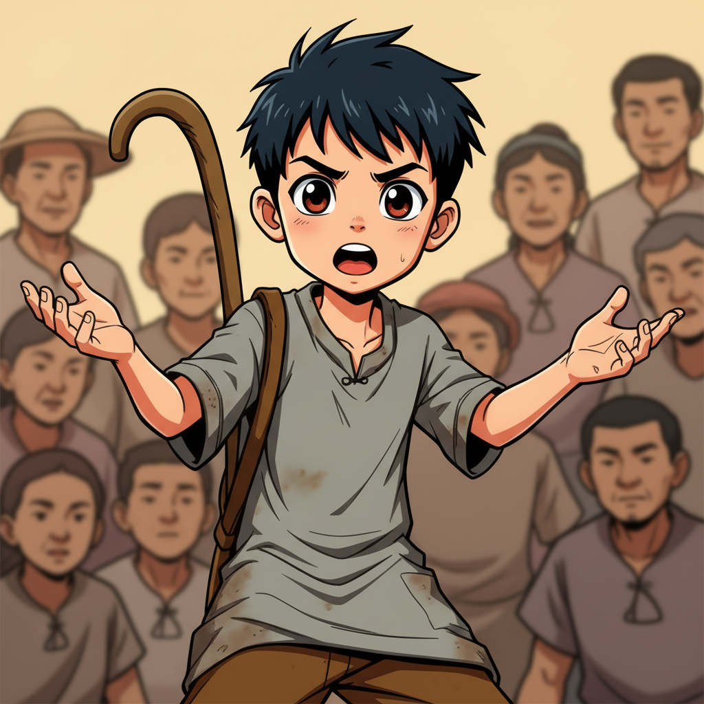 王二小智斗鬼子 — page 2 panel 5: 王二小（char_1）的讲述越来越投入，他的表情生动，手舞足蹈，仿佛又回到了当时的惊险场景。台下的村民们和小伙伴们听得聚精会神，被他的故事深深吸引。