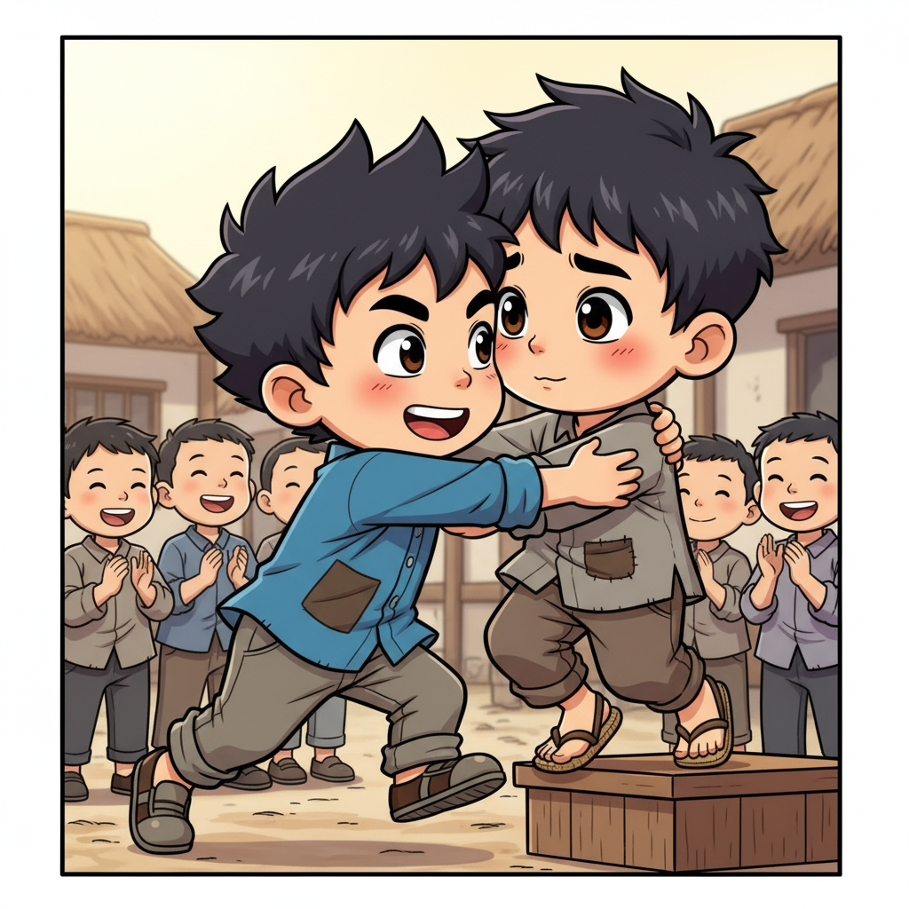 王二小智斗鬼子 — page 2 panel 6: 王二小（char_1）讲述完毕，从讲台上走下来，脸上带着一丝如释重负的微笑。他的好朋友小明（char_6）立刻冲上前去，紧紧地抱住了他，眼中充满了骄傲和喜悦。